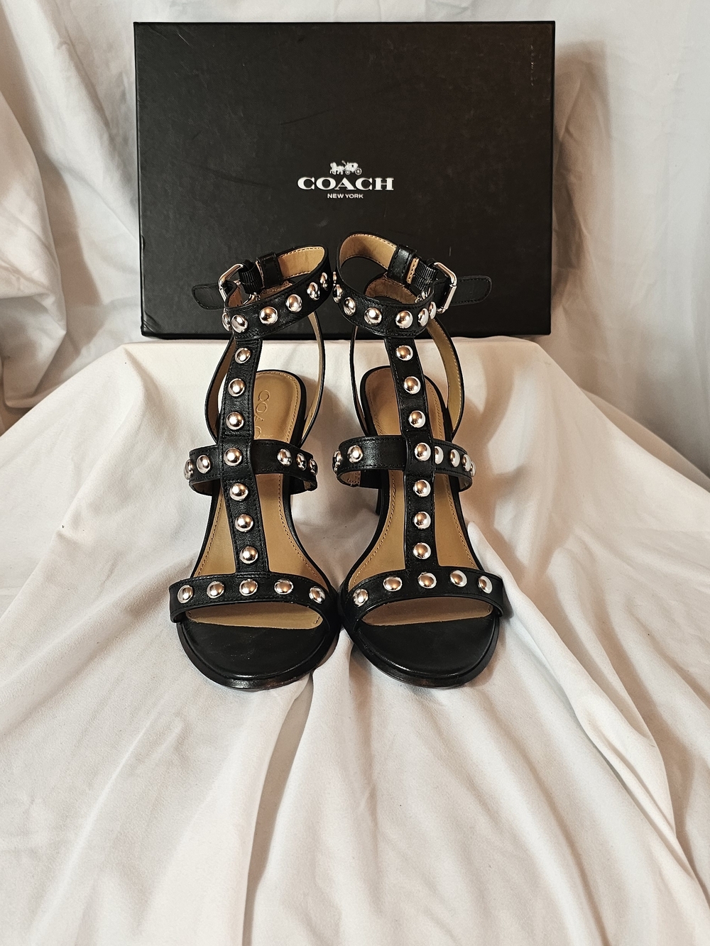 Coach Black Studded Leather T-Strap Sandals